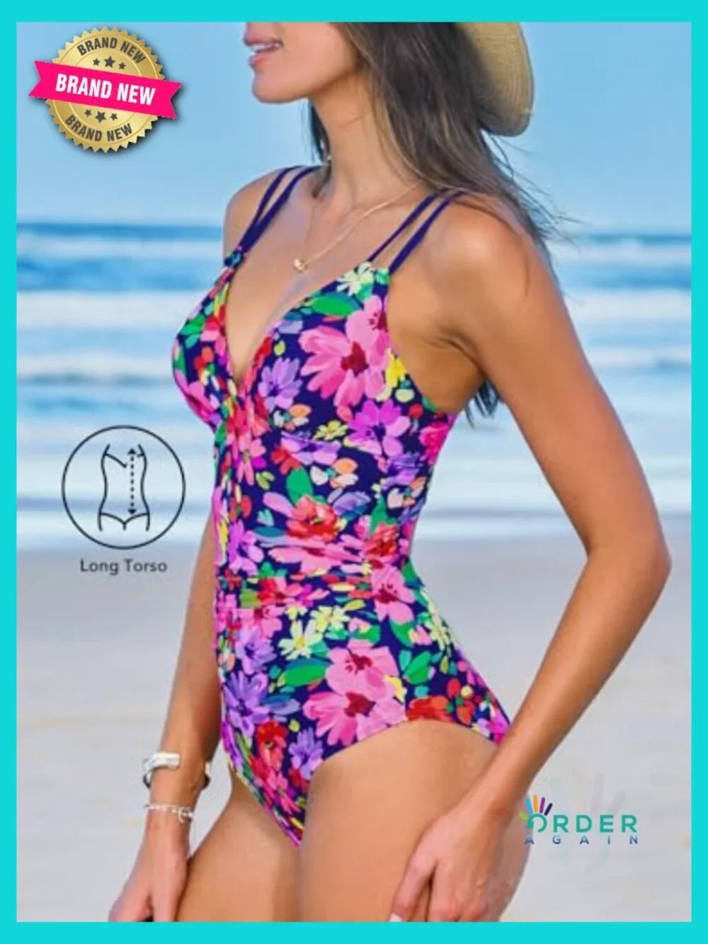 One Piece Swimsuit Long Torso Tummy Control V Neck Double Straps Back Cutout